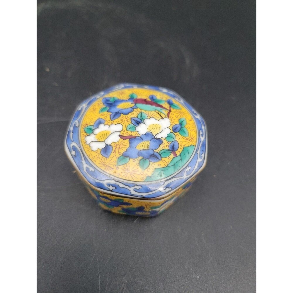 Kutani Takahashi San Francisco Octagonal Trinket Box W Bird, Gold Blue
